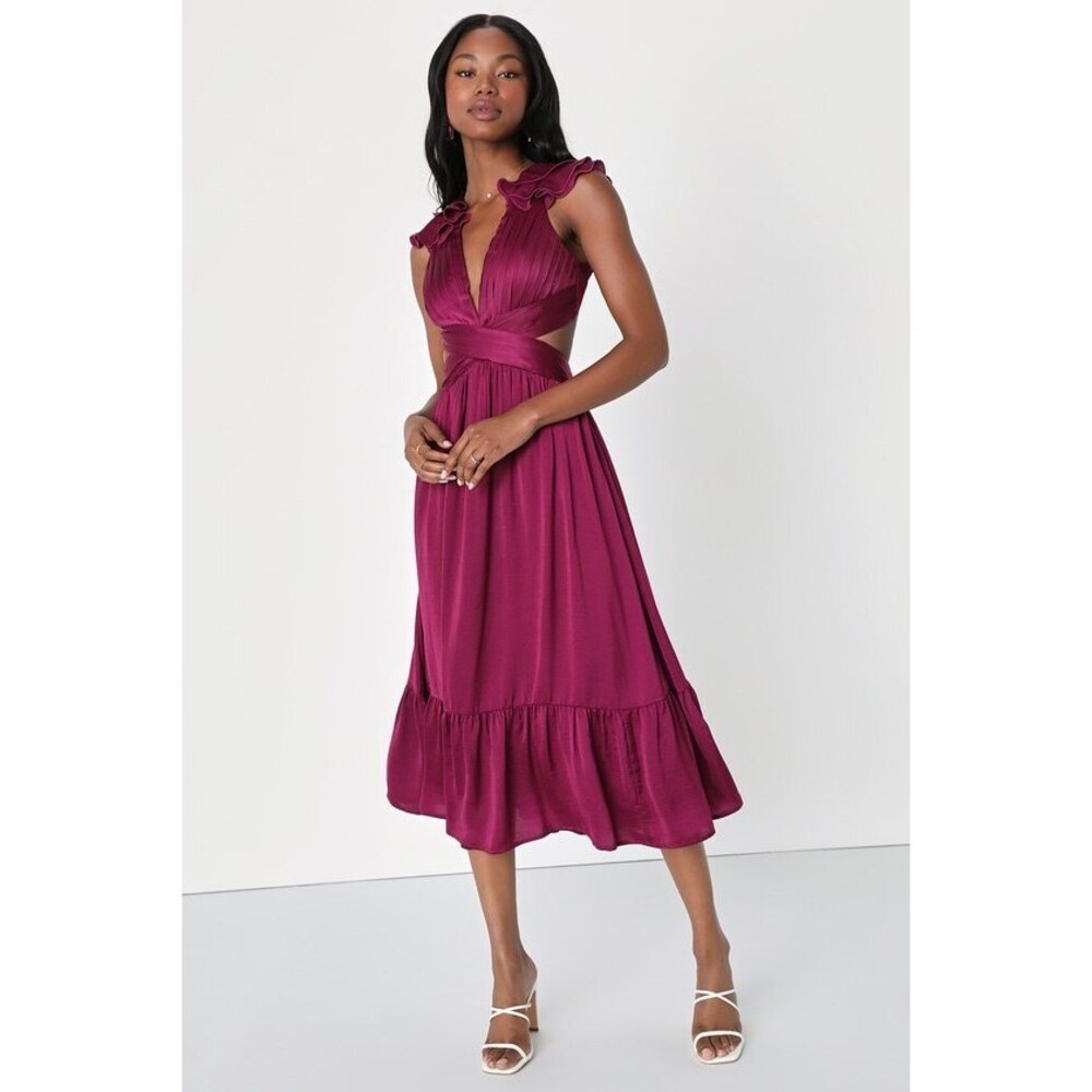Lulus Polished Elegance Plum Purple Ruffled Lace-up Midi Dress - Size S